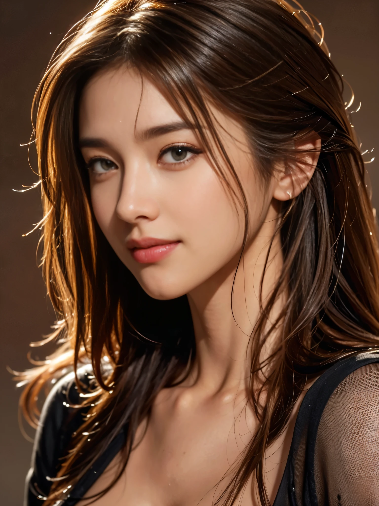 table top, highest quality, realistic, Super detailed, finely, High resolution, 8k wallpaper, 1 beautiful woman,, light brown messy hair, He is wearing a black see-through dress shirt with an open collar., sharp focus, perfect dynamic composition, beautiful and detailed eyes, thin hair, Detailed realistic skin texture, smile, close-up portrait, model body shape