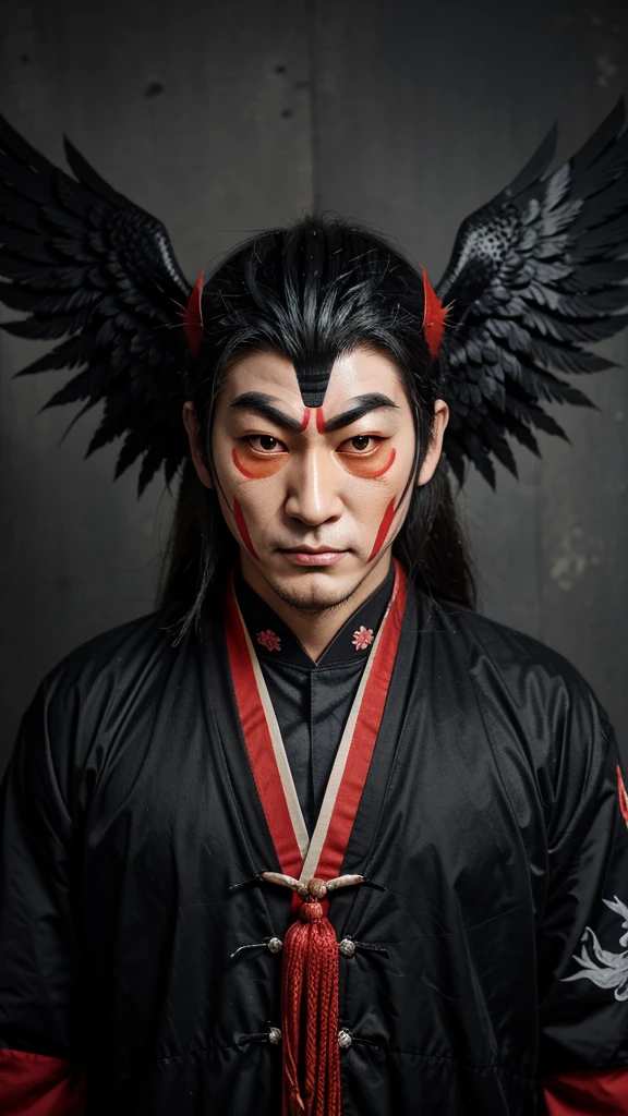 Create an illustration of a Tengu, a Japanese yokai. The Tengu should have a long nose, red face, and be dressed in traditional Japanese warrior attire, with large, black crow wings. The background should depict a mountainous forest.