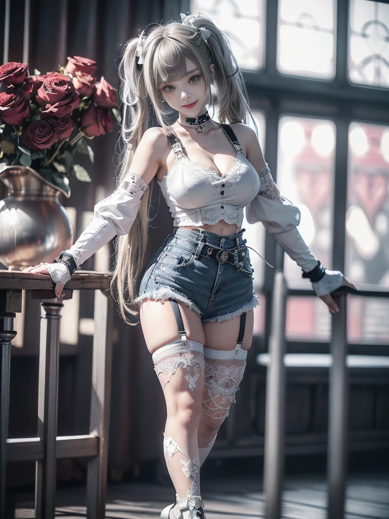 (Full body:1.5)、(Full body:1.2)、(Smiling with teeth showing:1.3),(Shibuya Gal:1.5)、(Neo-goth style fashion:1.5)、(Punk RockVisual Kei:1.4)、(Medieval noble gimp in denim and silver and white:1.5)、(Denim medieval white arm covers and garter shorts:1.5)、(White denim high heels:1.3)、(Wearing silver accessories:1.5)、(Denim collar:1.4)、(White leather garter belt:1.4)、(Brown Skin Belt:1.3)、(White lace underwear:1.5)、20-year-old、NSFW、((Highest quality、In 8K、masterpiece:1.3))、Sharp focus:1.2、(Layered Cut、Huge boobs:1.1),Beautiful woman with perfect figure:1.4、(Dancing vigorously:1.3)、Slender Abs:1.2、Highly detailed face and skin texture、Detailed eyes、double eyelid,(Twin tails:1.3)、(Brown-golden hair:1.3)、Gravure idol、(The background is a VIP room of a high-class cabaret club surrounded by roses on a sunny day outdoors.:1.3)、(Slim body:1.3),(Make your legs thinner:1.4),(clavicle:1.1)