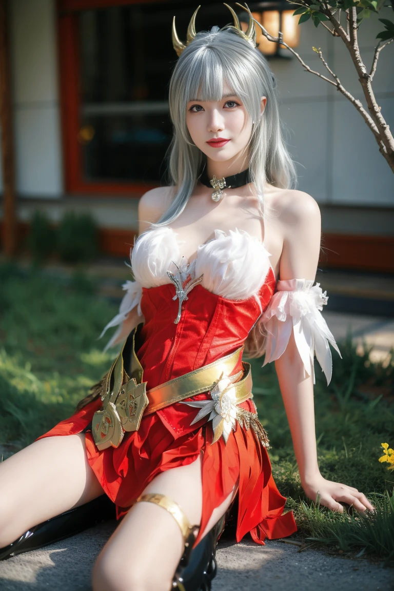 best quality, tmasterpiece,Ultra-high resolution,Clear face,（Reality：1.4），ferpect lighting，(upper body shot:1.5), (photorealistic:1.50), anime wallpaper, Guviz style artwork, cover-up fantasy up to magic , by Yang J, Guviz, beautiful artwork illustration, beautiful digital artwork, beautiful digital illustration, Li Song, beautiful anime portrait, art style in Beauvot, 1girl, 独奏, looking at viewer, smile, sitting, Arms behind back , cosplay costume, cosplay, silver hair, very long hair, hair ornament, jewelry, Earring, shirt, corset, skirt, plaid skirt, detached collar, detached sleeves, arm warmers, bowtie, bow, horns, o-ring, chain, thigh strap, hair ribbon, hair bow, thighhighs, torn thighhighs, knee boots, belt boots, platform boots, garden background, indoor, 