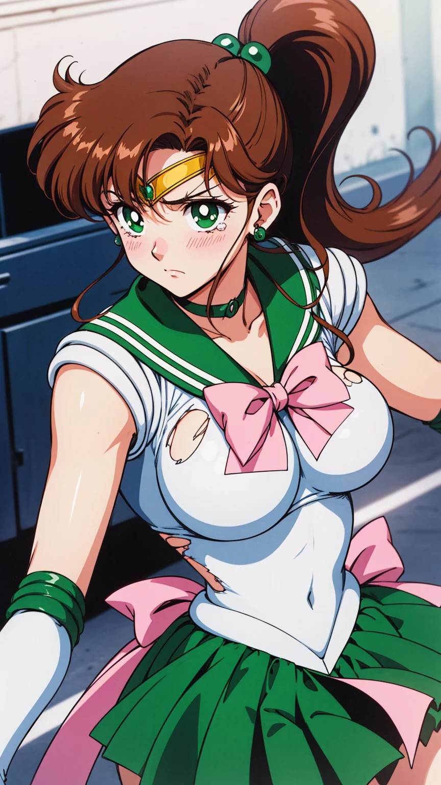 Highest quality, High resolution, 1990s \(style\), retro artstyle, 1990s anime cels style, Sailor Jupiter, Fighting, Sailor Warrior Uniform, Green sailor collar, White gloves, Green pleated skirt, Pink ribbon, ponytail, jewelry, Earrings、(Torn clothes、tits)、Dynamic、廃墟でFighting、Torture scene、Torture chamber、Tortured Woman、tears、blush、sad