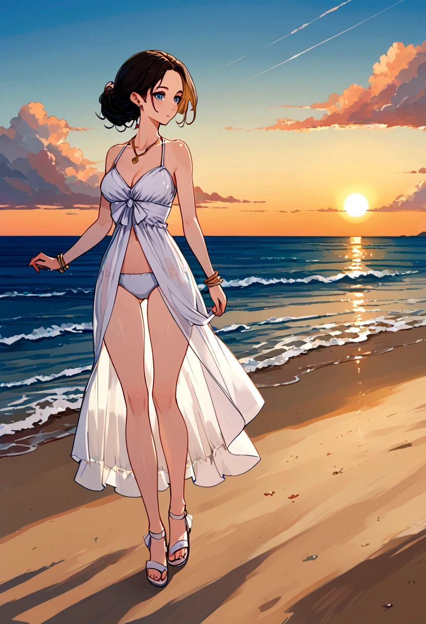 Create a woman from the knees down only,Seaside,Girl wearing white sandals,Sunset,