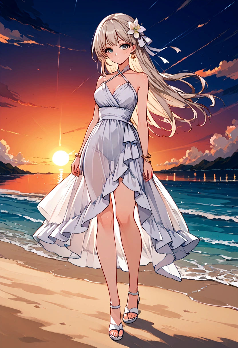 Create a woman from the knees down only,Seaside,Girl wearing white sandals,Sunset,