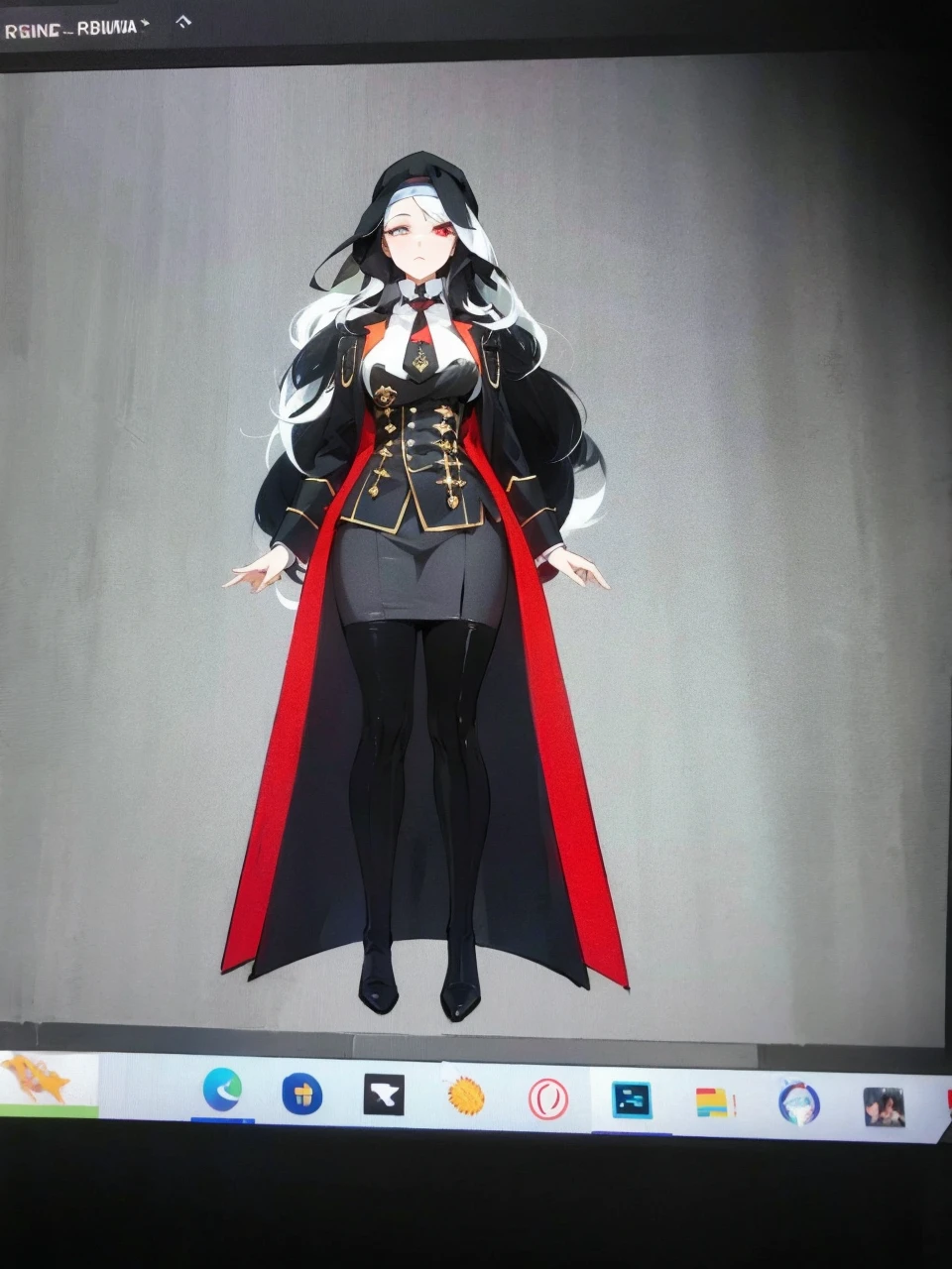 Make an anime poster, has 4 women in it, on the left side a classy dressed beauty with only the colors red and white, has an angelic presence but a demonic personality, she wears a hat on her head and a long mature gown. On the middle, a millitary general with black and white hair, and a blindfold covering her eyes. Behind her in the back, a woman faded in the background, only her eyes red Phoenix can be seen. Finally at the very right side a nun with a blindfold and a church nun fantasy black dress, holding her hands together symbolizing a prayer gesture.