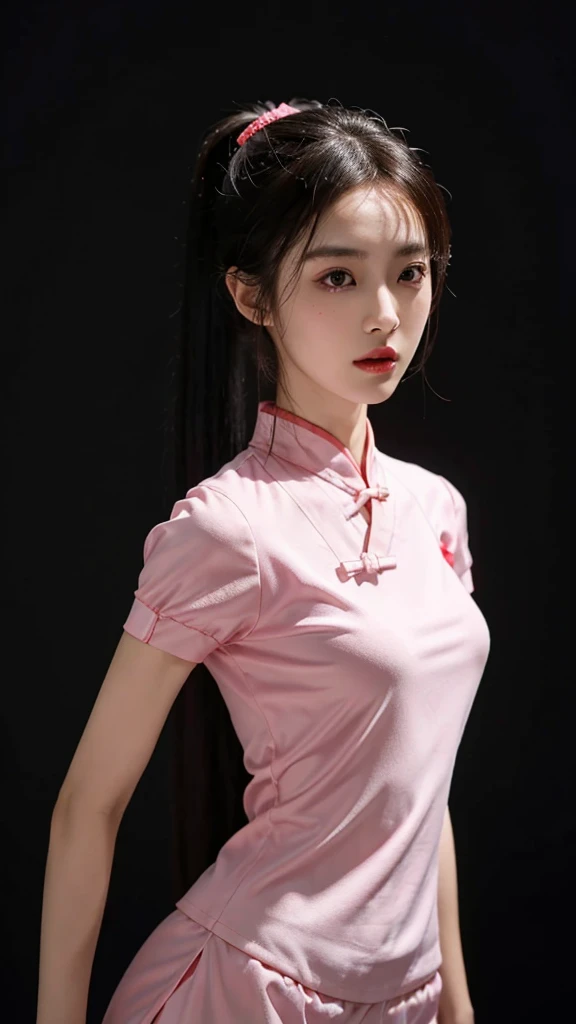 korean model , slim body , medium breasts, 167cm ,Movie Angle,long black ponytails hairstyle, (Cute girl,anatomy correct, light pink chinese qipao with short sleeves,( art,geomerty),(plethora of colorest quality,high detail,tmasterpiece,Cinematic lighting effects,4K,Chiaroscuro )