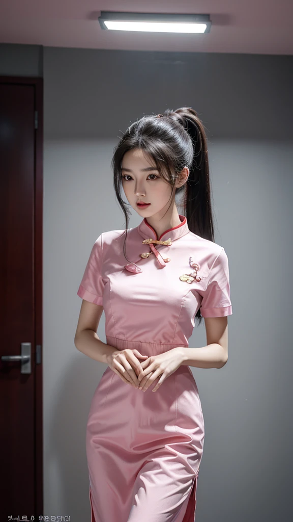 korean model , slim body , medium breasts, 167cm ，Movie Angle，long black ponytails hairstyle, （Cute girl，anatomy correct, light pink chinese qipao with short sleeves，（ art，geomerty），（plethora of colorest quality，high detail，tmasterpiece，Cinematic lighting effects，4K，Chiaroscuro )
