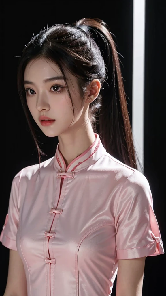 korean model , slim body , medium breasts, 167cm ,Movie Angle,long black ponytails hairstyle, (Cute girl,anatomy correct, light pink chinese qipao with short sleeves,( art,geomerty),(plethora of colorest quality,high detail,tmasterpiece,Cinematic lighting effects,4K,Chiaroscuro )