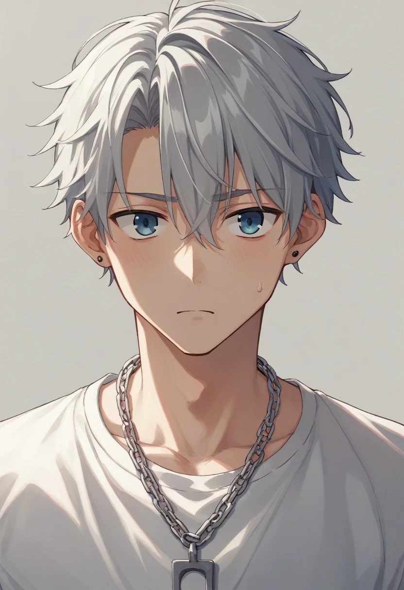 male。A hairstyle with the sides shaved and the top left、Wearing silver ring ear cuffs、Around her neck she wears a simple, thin silver chain necklace.、腕には青い数珠のブレスレットを付けている31歳の日本人male性。