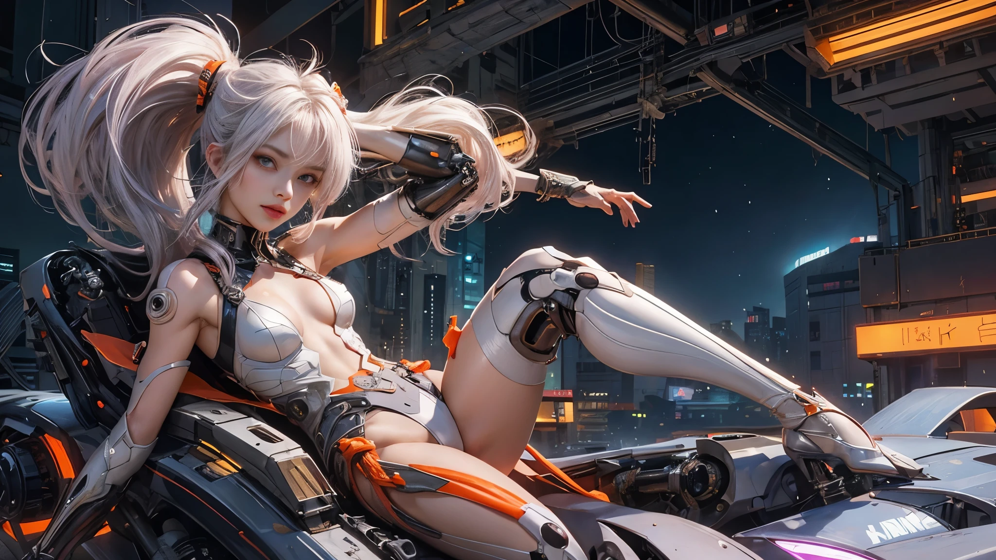 white  hair、Silver hair with pink gradients、long fluttering hair、strong breeze、Orange Eyes、radiant eyes、Evangelion Girl、small tit、Breasts are small and B size、The face and chest are alive、Cleavage is visible。photoRealstic、portfolio、Evangelion-style metal mecha suit、an oppai cyberpunk、Gothloli detailetalic、detailed mechanical components、Bundle of thin tubeetal cylinder、Detailed neon、Fine LED、Top quality microcomponents、Delicate orange and black suit wrapped in machine、A large mechanical weapon protecting her in the background、Hair that flutters in the wind、full body