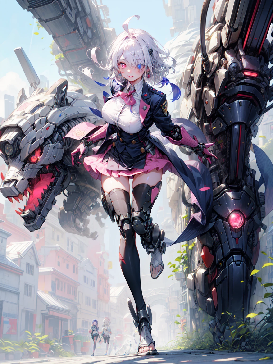 masterpiece,Highest quality,Familiar,Only One Woman,Female police officer、20 year old beauty、Dark blue hair,short hair,blue eyes,Ideal body type,Slender body,Big Breasts,Glowing Skin,Perfect Anatomy:1.2,Run、patrol、Familiarなハンドガン、Navy blue blazer jacket,white tight skirt、mini skirt、Organic Armor Cyborg、Machinery Armor、Armor Textures、thigh_gap, white_thighhighs, break、（Dark Elf), (1 Girl), alone, Perfect Face, Get used to it, Ahoge, ((Long Hair:1.2)), (Hair above one eye:1.3), [[Messy Hair]], 光沢のあるブロンドのwhiteい髪, Purple eyes, Colorful red eyes, Colorful Hair, Shining Eyes, (eyelash, eye shadow, pink eye shadow), bright, smile, Design Art：Haruhiko Mikimoto、Perfect hands