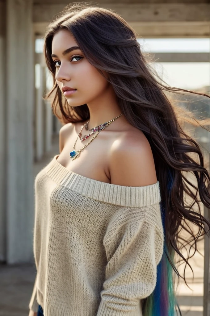One Girl, Age 15age, alone, Long Hair, huge , View your viewers, Rainbow Hair, Bare shoulders, Brown eyes, gem, whole body, necklace, Off the shoulder, sweater, Realistic, Sexy