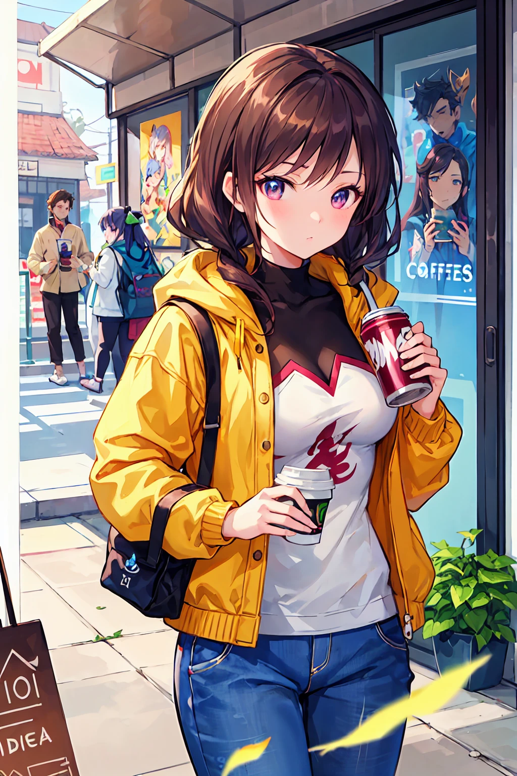 A woman wearing a yellow jacket and holding a coffee cup, extremely detailed art gelm, Anime girl drinking energy drink, Senna from League of Legends, lovely Bridget from Overwatch, Bridget from Overwatch, ruan jia and art gelm, trending art gelm, Faye Valentine, like art gelm, range murata and art gelm, ig model | art gelm