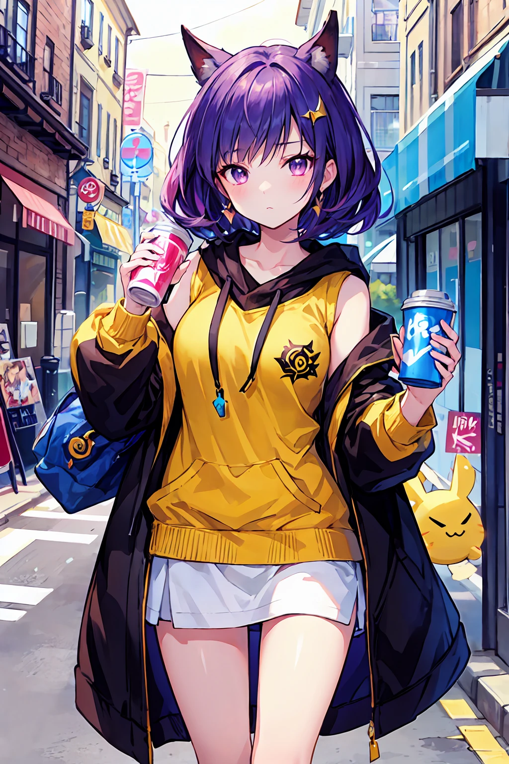A woman wearing a yellow jacket and holding a coffee cup, extremely detailed art gelm, Anime girl drinking energy drink, Senna from League of Legends, lovely Bridget from Overwatch, Bridget from Overwatch, ruan jia and art gelm, trending art gelm, Faye Valentine, like art gelm, range murata and art gelm, ig model | art gelm