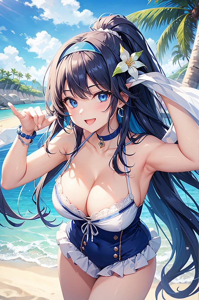 Highest quality、Highest quality、masterpiece、Beauty(Age 25)、Navy blue long hair、blue eyes、tie shirt、Big cleavage、(Big Breasts),smile、Blue Earrings、background(Beach)、Please open your mouth wide、White headband、bracelet、Dynamic pose、Blue choker