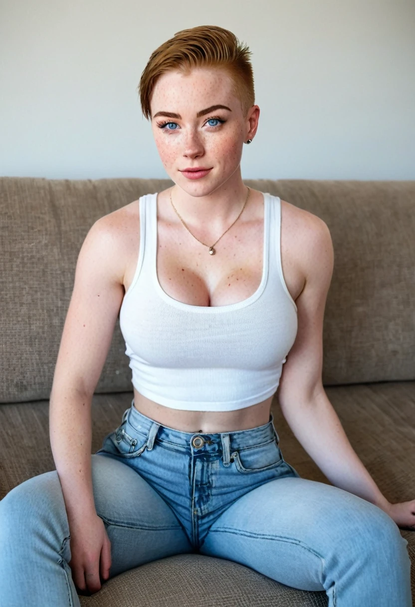 Create a  boy with blonde hair, androgynous face and body with topless female breasts No muscles, wearing jeans and black sneakers, sitting on a sofa 