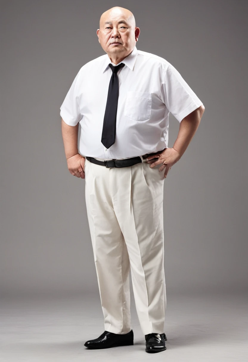 Full body portrait、Obese Japanese male, aged 60、Shaved Head、Thinning hair on the top of the head、suspenders、White short-sleeved shirt with no tie、Black slacks、Small business president、black cheap shoes、Sweating、Standing facing forward、Highest quality、Ultra-realistic photography