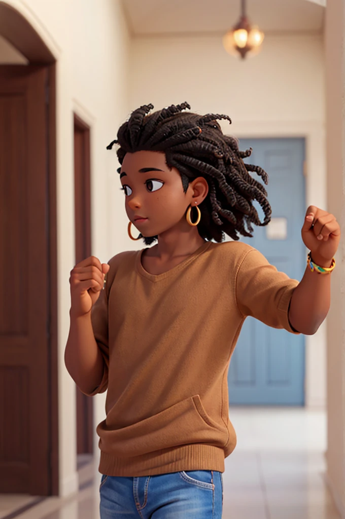 young man, brown skin color, earrings, black curly hair