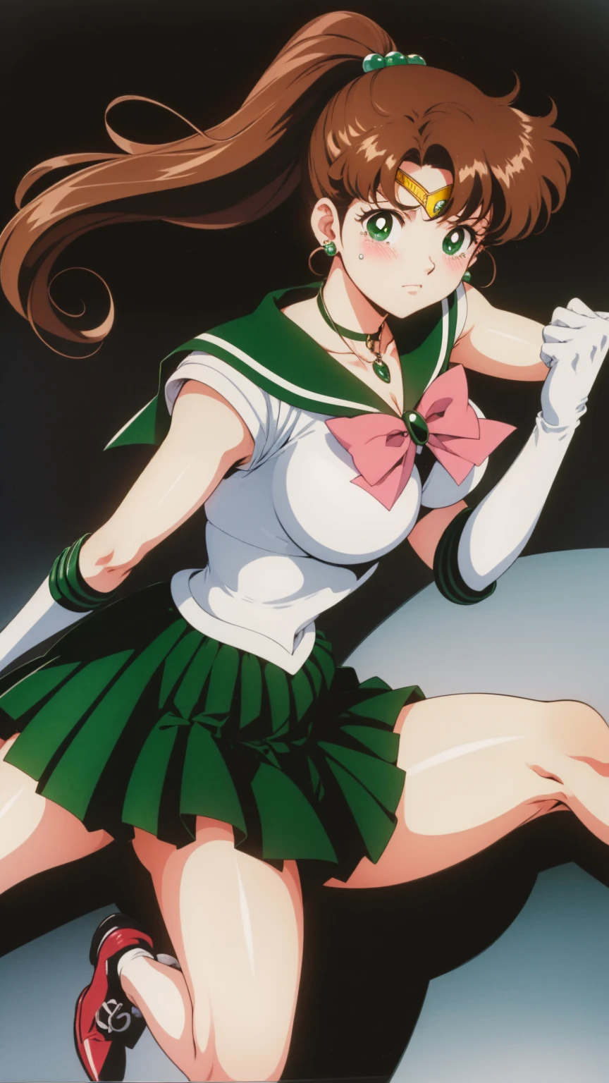 Highest quality, High resolution, 1990s \(style\), retro artstyle, 1990s anime cels style, Sailor Jupiter, Fighting, Sailor Warrior Uniform, Green sailor collar, White gloves, Green pleated skirt, Pink ribbon, ponytail, jewelry, Earrings、(Torn clothes、tits)、Dynamic、廃墟でFighting、Torture scene、Torture chamber、Tortured Woman、tears、blush、sad