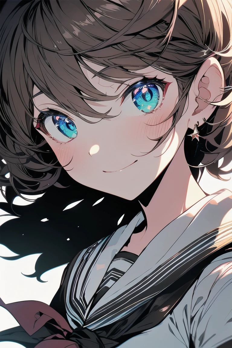 (best quality), (Super detailed), (Best Illustration), (masterpiece), score_9, score_8_up, score_7_up, 4k, high contrast, upper body, (1woman), (solo:1.2),{(white serafuku)}, (large breasts:1.2), {brown hair, (sideburns), (bob cut:1.3), curly hair, hairs between eyes, colored inner hair}, {(detailed eyes), blue eyes}, earring, light smile, wind, (school:1.2),