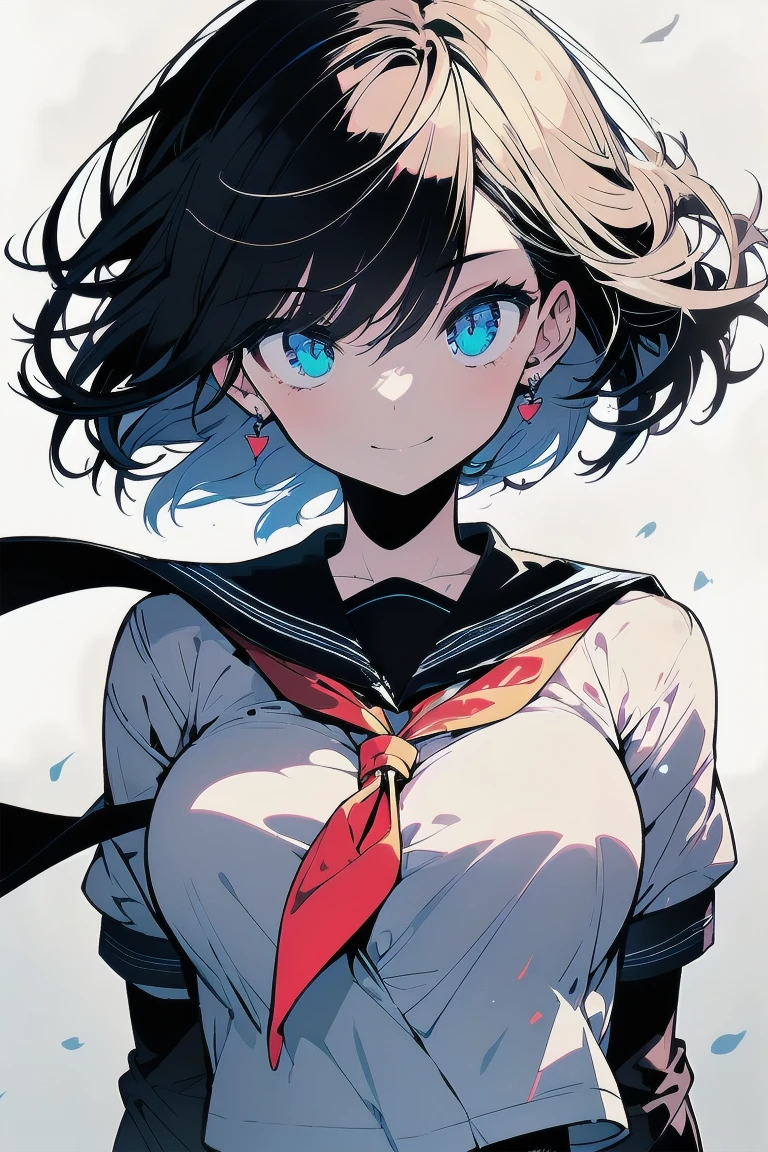 (best quality), (Super detailed), (Best Illustration), (masterpiece), score_9, score_8_up, score_7_up, 4k, high contrast, upper body, (1woman), (solo:1.2),{(white serafuku)}, (large breasts:1.2), {brown hair, (sideburns), (bob cut:1.3), curly hair, hairs between eyes, colored inner hair}, {(detailed eyes), blue eyes}, earring, light smile, wind, (school:1.2),