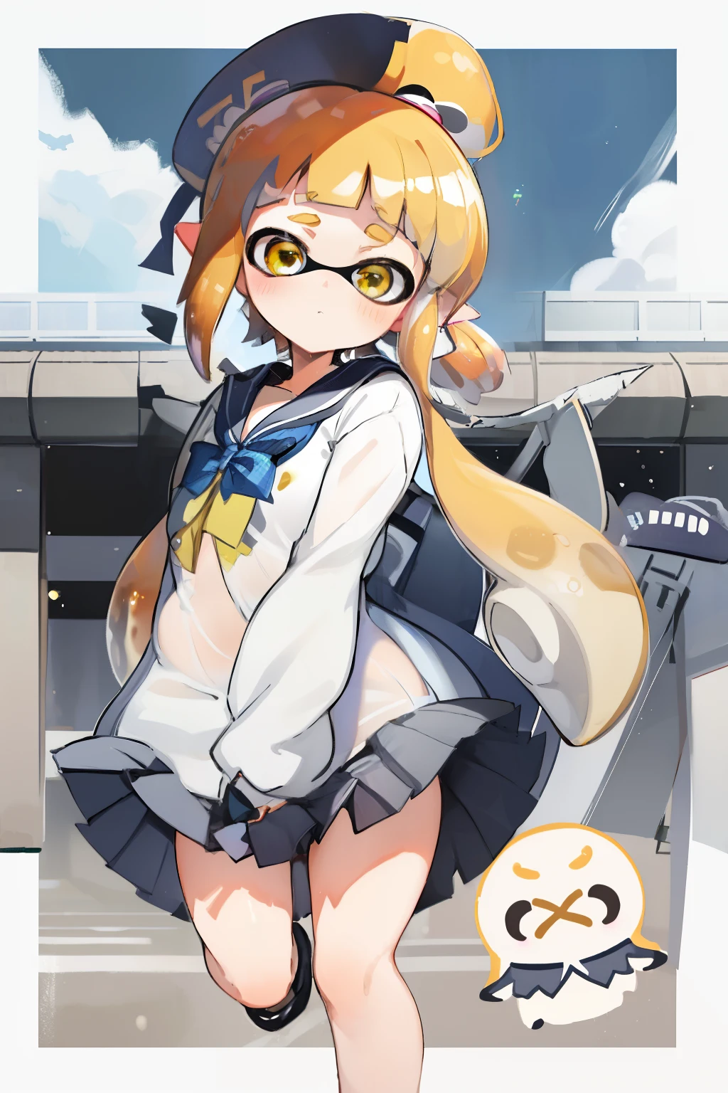 masterpiece、Highest quality、High resolution、One Splatoon girl、AS-Adult、Laughter、(Tsundere)、Golden Eyes、blush、Golden ponytail tentacle hair、shirt、Skirt、((Huge boobs、Cleavage))、Chirarizum、((Japanese high 、White Sailor Suit))、Seraphim、Summer clothes、(See-through bra)、Full body portrait、Real Anime、3d、school、In front of the school gate、Situational Art、