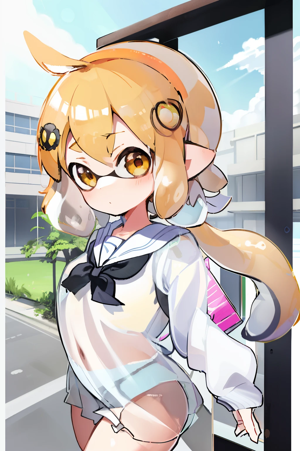 masterpiece、Highest quality、High resolution、One Splatoon girl、AS-Adult、Laughter、（Tsundere）、Golden Eyes、blush、Golden ponytail tentacle hair、shirt、Skirt、（(Huge boobs、Cleavage)）、Chirarizum、((Japanese high 、White Sailor Suit))、Seraphim、Summer clothes、（See-through bra）、Full body portrait、Real Anime、3d、school、In front of the school gate、Situational Art、