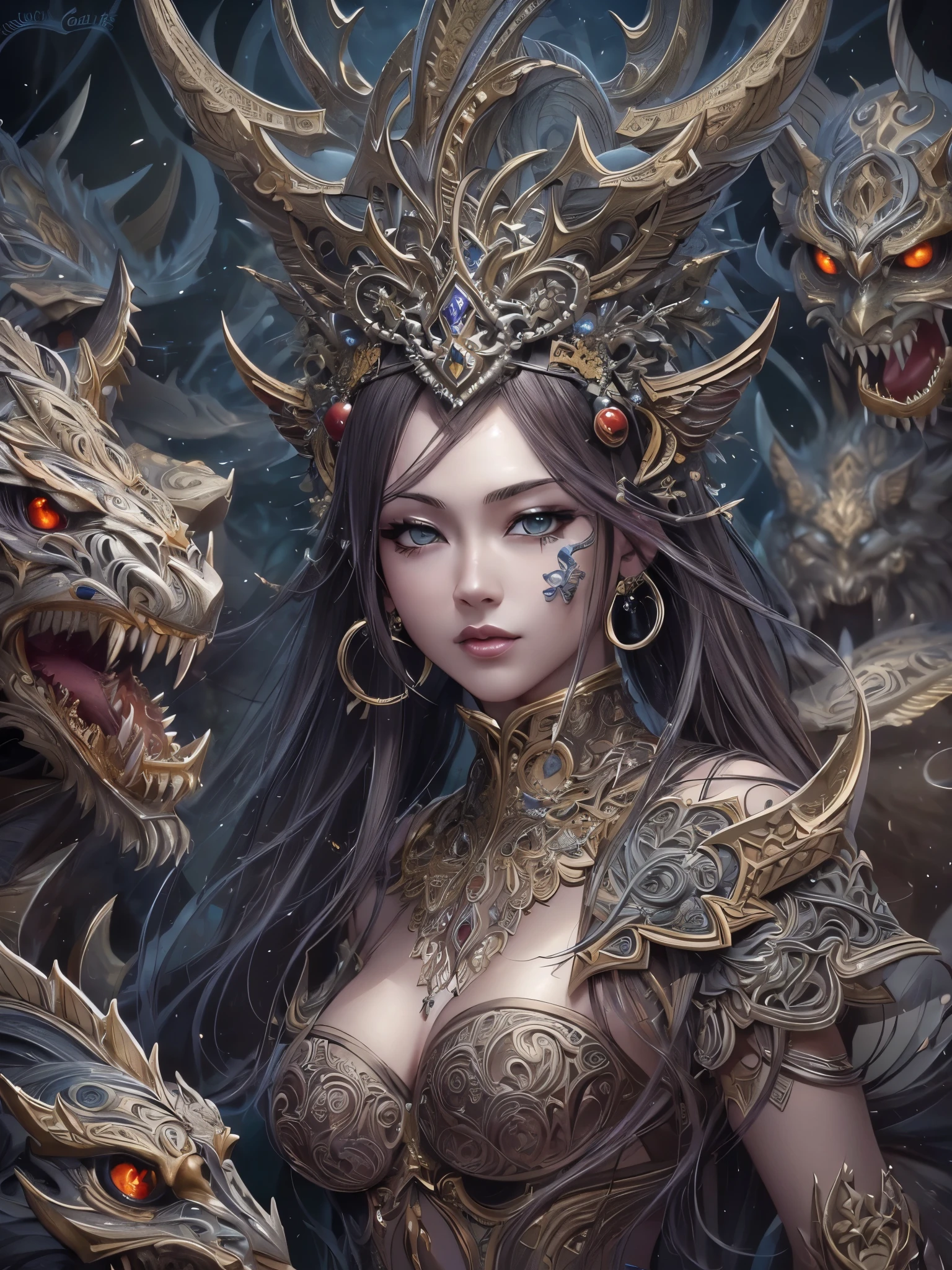 ((Highest quality)),(Ultra-high resolution),(Very detailed),(Detailed Description),((The best CG)),(masterpiece),Ultra-precise art,Amazing drawing art,(Fantasy art with intricate detail:1.5), (woman:1.7),(Beautiful and well-proportioned face:1.5),　 Demons and Monsters, Night of the Hundred Demons Parade