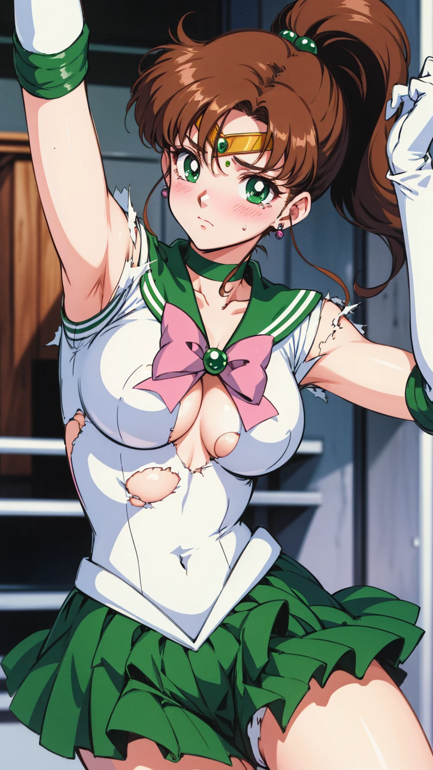 Highest quality, High resolution, 1990s \(style\), retro artstyle, 1990s anime cels style, Sailor Jupiter, Fighting, Sailor Warrior Uniform, Green sailor collar, White gloves, Green pleated skirt, Pink ribbon, ponytail, jewelry, Earrings、(Torn clothes、tits)、Dynamic、廃墟でFighting、Torture scene、Torture chamber、Tortured Woman、tears、blush、sad