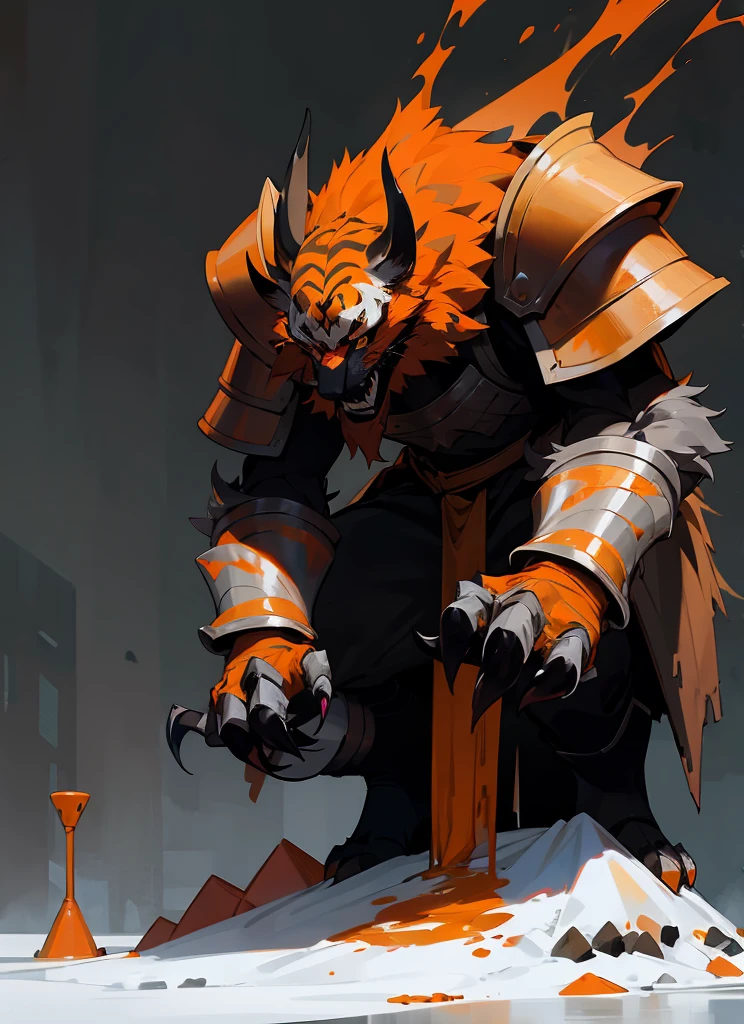 1Big orange royal tigerhuman, scarry, blood big claw, hunger, frozen blackground, stronger, animal, stand on to legs, big, old,snow cloth, lycan, fantasy, wearing armor coat, 