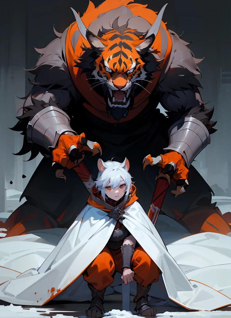 1Big orange royal tigerhuman, scarry, blood big claw, hunger, frozen blackground, stronger, animal, stand on to legs, big, old,snow cloth, lycan, fantasy, wearing armor coat, 