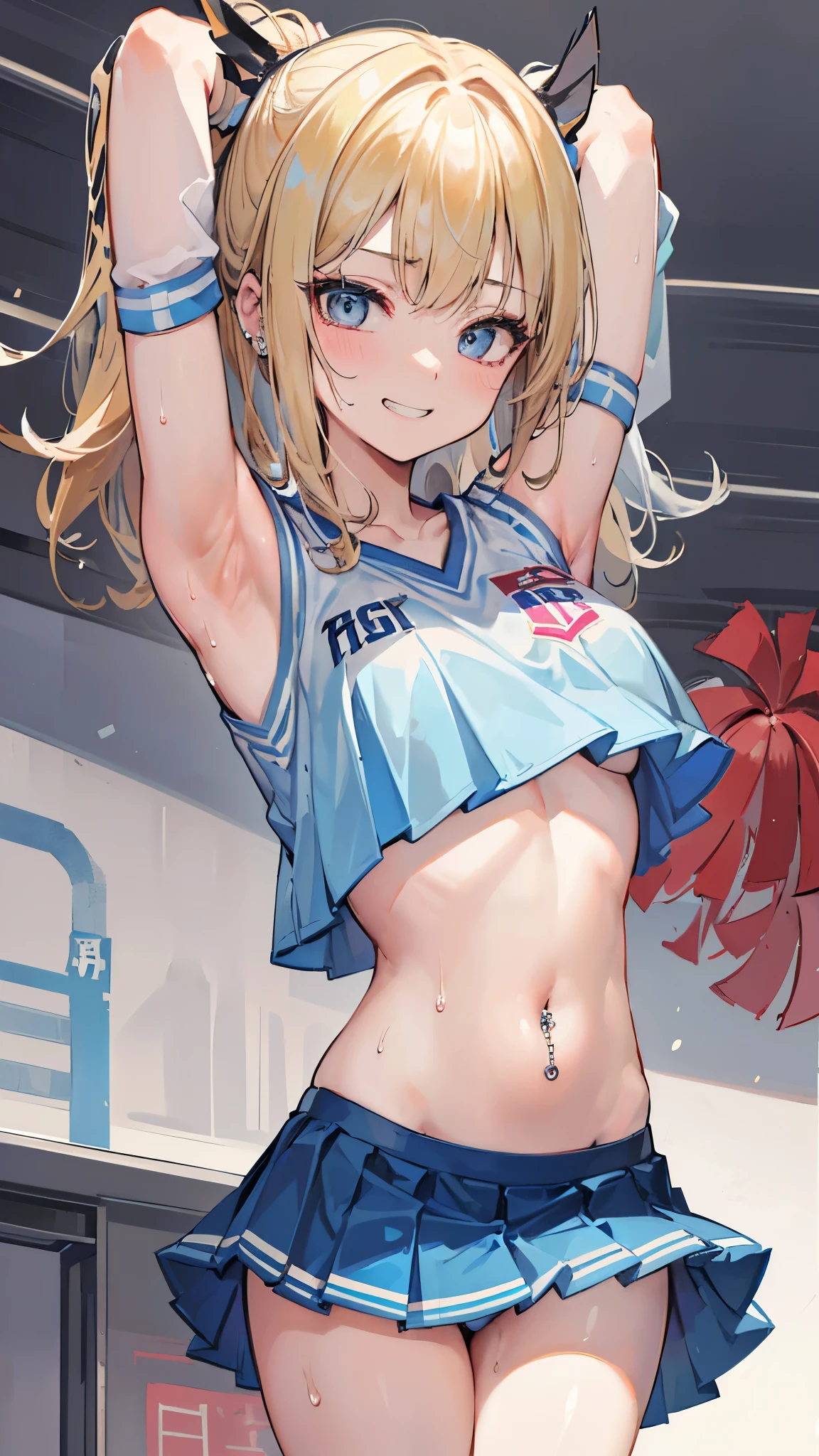 ((masterpiece、Highest quality、Very detailed))、One girl、Blonde、Two Side Up、Grey Eyes、evil smile、((Grin))、((lots of piercing))、Large 、((navel piercing))、((cheerleader:1.3))、cleavagleeve))、((Light blue pleated skirt))、((bent over))、Hide your arms behind your back、Cowboy Shot、((Sweat))、Baseball field background