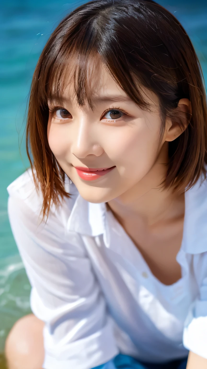 Tabletop、(Highest quality、4K、、High resolution、masterpiece: 1.2)、Very detailed、(Genuine、photoGenuineistic、photoGenuineistic: 1.37)、Full Body Shot、whiteＴshirt、Complex and beautiful eyes、woman、short hair、Natural color lip、Bold and sexy pose、smile、Ocean、20-year-old girl、A cute and sexy shot of her looking at the camera。