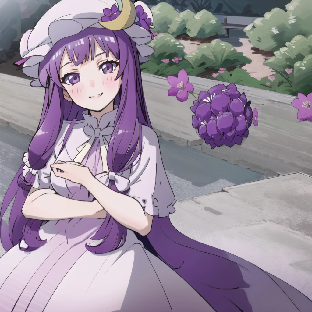 ((masterpiece,best quality)), absurdres,
patchouli_knowledge, 1girl, solo, purple hair, purple eyes, long hair,  mob cap, crescent hat ornament,
wedding dress, wedding, purple flowers, blush, 
looking at viewer, solo, smiling,