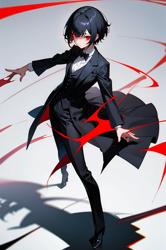 black hair, red eyes, girl, black tailcoat, tuxedo, short cut, shadow
