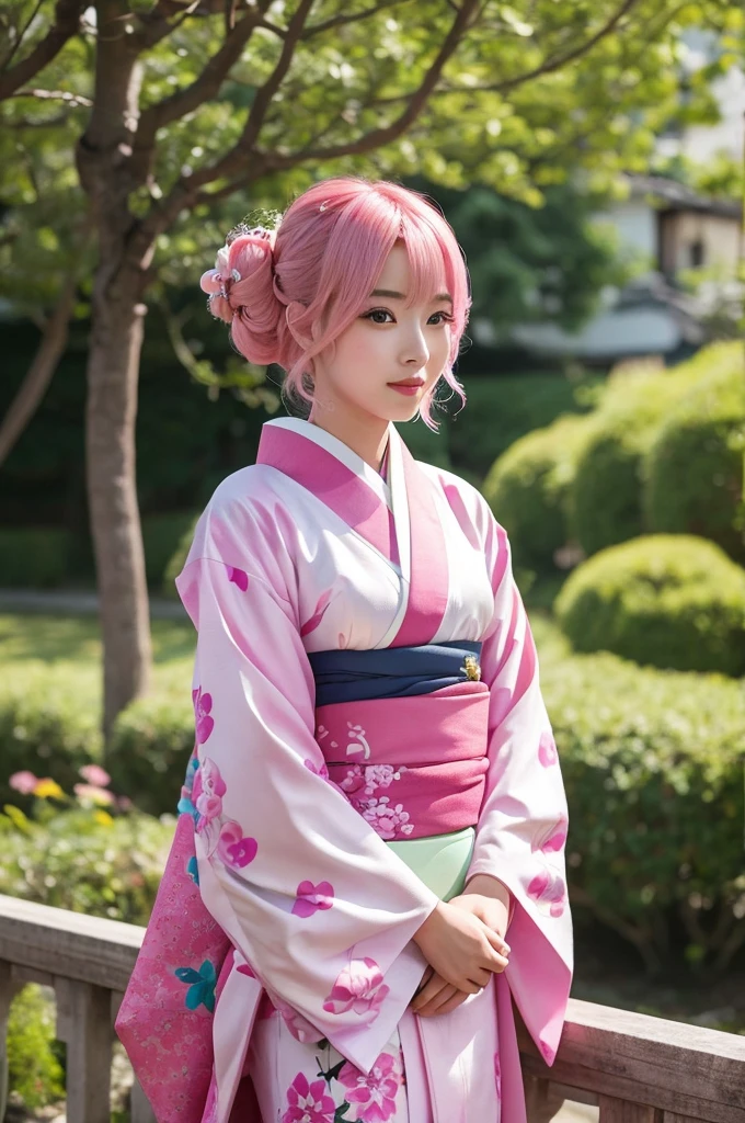 A beautiful woman around 20 years old wearing a kimono with pink hair.