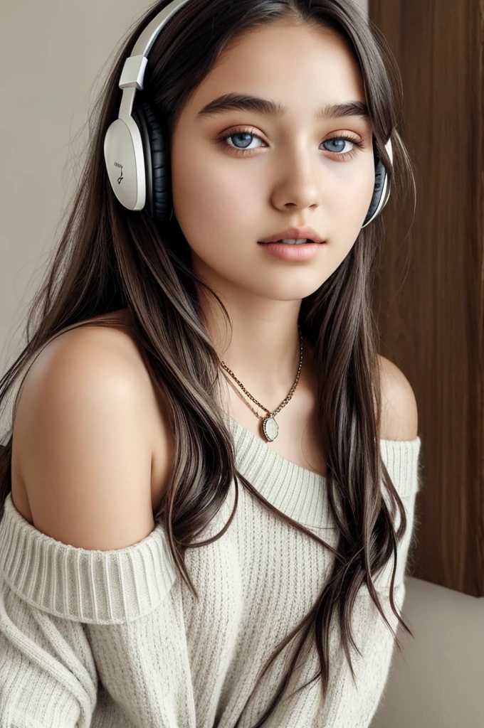 One Girl, Age 15age, alone, Long Hair, huge , View your viewers, Rainbow Hair, Bare shoulders, Brown eyes, gem, whole body, necklace, Off the shoulder, sweater, Realistic, Sexy、headphone