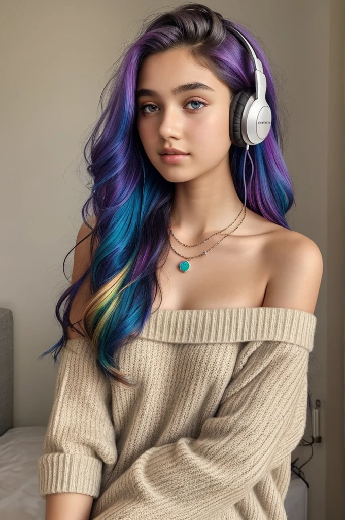 One Girl, Age 1５age, alone, Long Hair, huge , View your viewers, Rainbow Hair, Bare shoulders, Brown eyes, gem, whole body, necklace, Off the shoulder, sweater, Realistic, Sexy、headphone