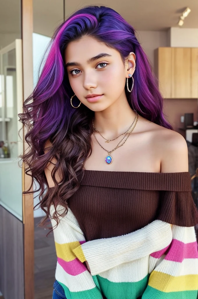 One Girl, Age 15age, alone, Long Hair, huge , View your viewers, Rainbow Hair, Bare shoulders, Brown eyes, gem, whole body, necklace, Off the shoulder, sweater, Realistic, Sexy、headphone