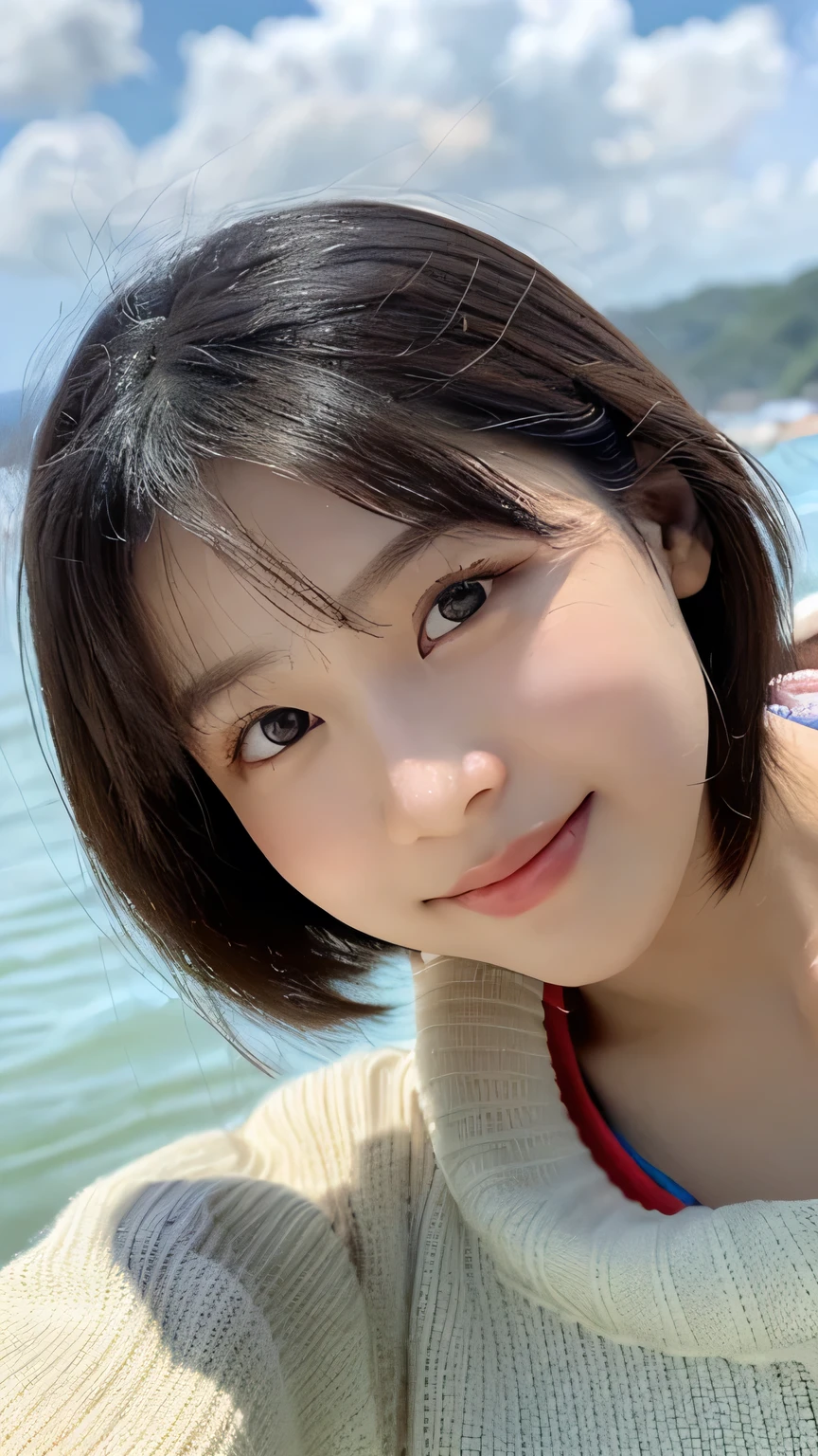 Tabletop、(Highest quality、4K、8K、High resolution、masterpiece: 1.2)、Very detailed、(Genuine、photoGenuineistic、photoGenuineistic: 1.37)、Full Body Shot、whiteTshirt、Complex and beautiful eyes、woman、short hair、Natural color lip、Bold and sexy pose、smile、Ocean、20-year-old girl、A cute and sexy shot of her looking at the camera。