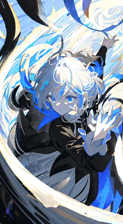 Top quality, delicate details, (emphasis on black and white), one girl, ninja, blue eyes, glassy eyes, soft lighting, high contrast, black and white shadow style, shadows with shading, Pure white background, splashes of ink, splashes of color, emphasis on light and space, expressing facial expressions and gestures with ink shading, emphasis on light and shadow, watercolor style,