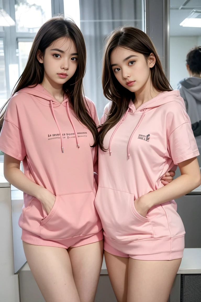 deux femmes ensemble de 18 ans sexy et mince , pink short sleeve hoodie , salle de classe, se touche,position sey,sensuel