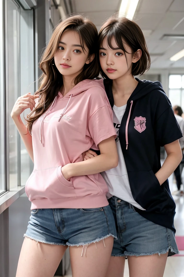 deux femmes ensemble de 18 ans sexy et mince , pink short sleeve hoodie , salle de classe, se touche,position sey,sensuel