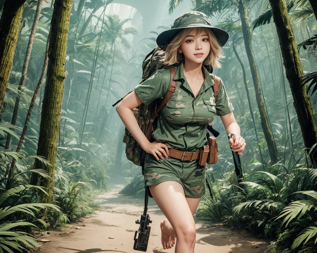 8K, masutepiece, Raw photo, Best Quality, Photorealistic, Highly detailed CG Unity 8k wallpaper, depth of fields, Professional Lighting, Ray tracing, (Extremely beautiful face, Beautiful lips, Beautiful eyes), intricate detail face, ((Ultra detailed skin)) 1girl in, deepshadow, Cute s, ((Looking at Viewer)), (seducting smile), (Blurry background), (long saggy breasts:1.3), (Large breasts、Huge breasts:1.5), (Female soldiers:1.3), Clear eyes, black backgrounds, Front shot, (pale skin), Face forward, (Big eyes), (upperbody shot), (Camel toe), (Camouflage T-shirt), (hi-top fade:1.5), ((I can see panties:1.3)),