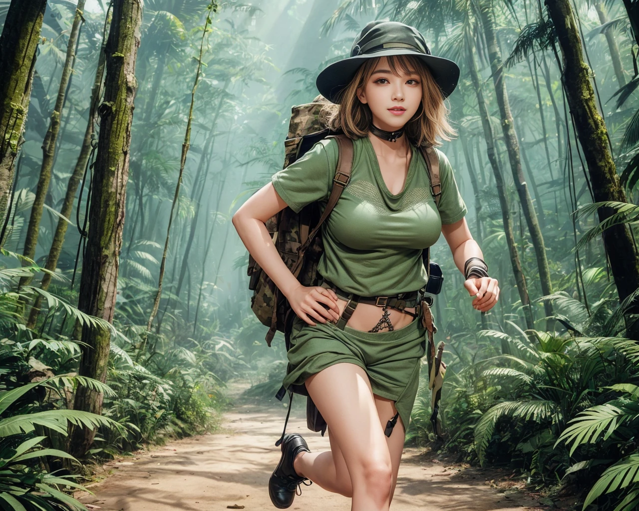 8K, masutepiece, Raw photo, Best Quality, Photorealistic, Highly detailed CG Unity 8k wallpaper, depth of fields, Professional Lighting, Ray tracing, (Extremely beautiful face, Beautiful lips, Beautiful eyes), intricate detail face, ((Ultra detailed skin)) 1girl in, deepshadow, Cute s, ((Looking at Viewer)), (seducting smile), (Blurry background), (long saggy breasts:1.3), (Large breasts、Huge breasts:1.5), (Female soldiers:1.3), Clear eyes, black backgrounds, Front shot, (pale skin), Face forward, (Big eyes), (upperbody shot), (Camel toe), (Camouflage T-shirt), (hi-top fade:1.5), ((I can see panties:1.3)),