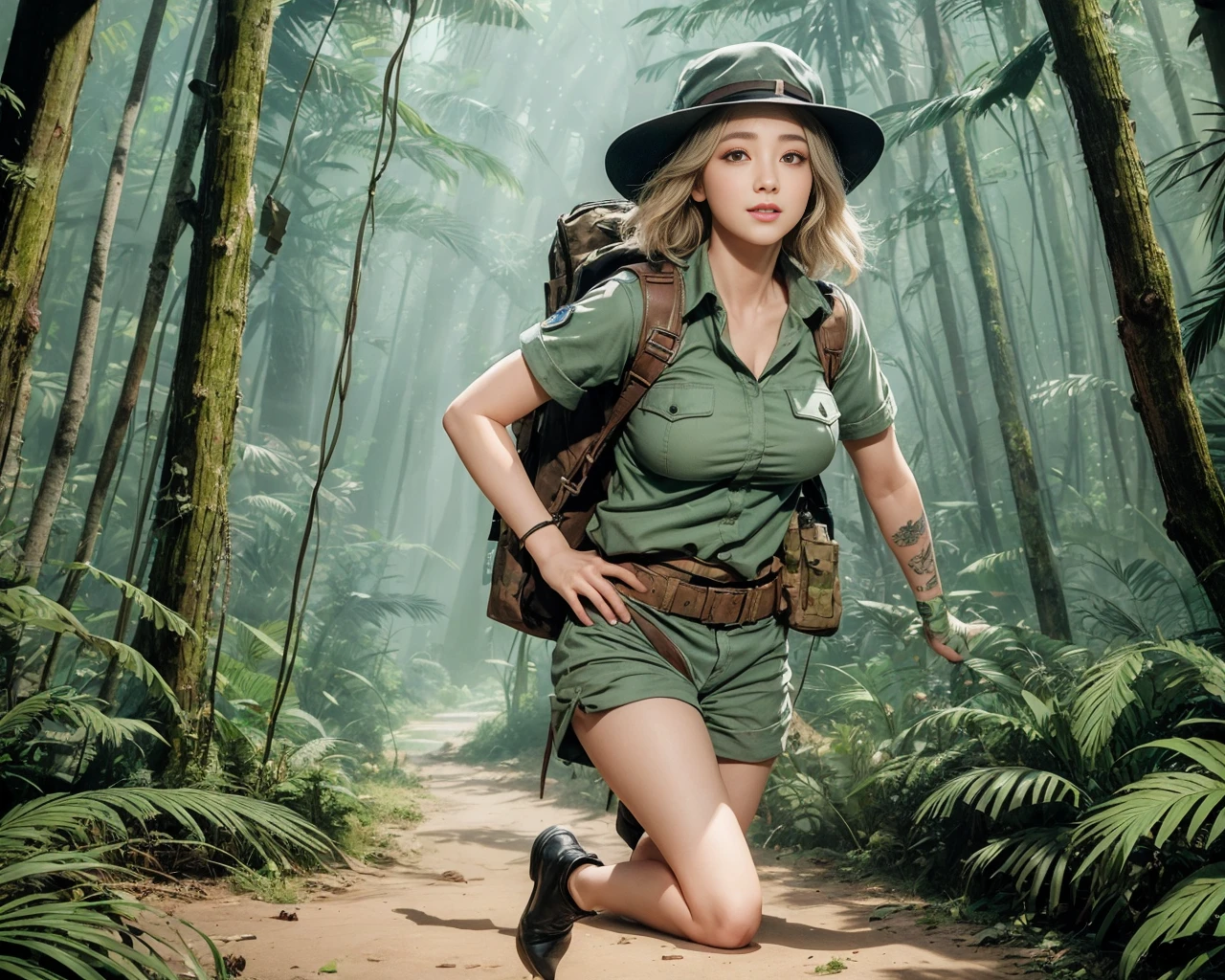 8K, masutepiece, Raw photo, Best Quality, Photorealistic, Highly detailed CG Unity 8k wallpaper, depth of fields, Professional Lighting, Ray tracing, (Extremely beautiful face, Beautiful lips, Beautiful eyes), intricate detail face, ((Ultra detailed skin)) 1girl in, deepshadow, Cute s, ((Looking at Viewer)), (seducting smile), (Blurry background), (long saggy breasts:1.3), (Large breasts、Huge breasts:1.5), (Female soldiers:1.3), Clear eyes, black backgrounds, Front shot, (pale skin), Face forward, (Big eyes), (upperbody shot), (Camel toe), (Camouflage T-shirt), (hi-top fade:1.5), ((I can see panties:1.3)),