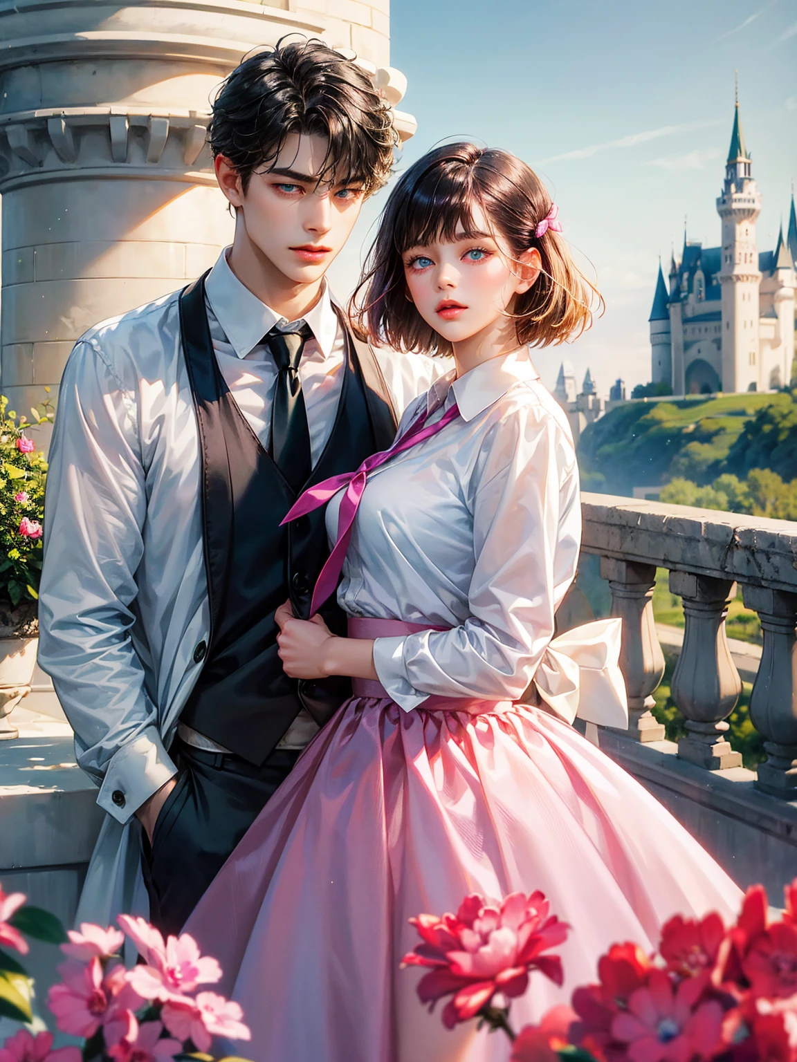 Couple, 1 girl 1 boy, different hair color, medium black hair with bangs and green eyes, white shirt with a fuchsia ribbon, a short fuchsia skirt, short blonde hair and (sky blue eyes). He wears a white shirt with a fuchsia tie, height different, detailed eyes, they look at the viewer. Background a castle