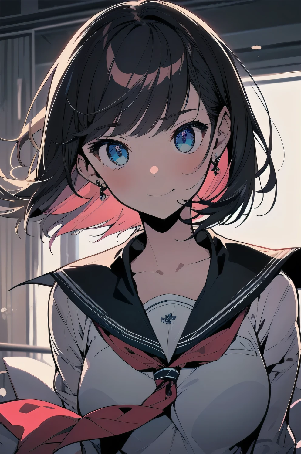 (best quality), (Super detailed), (Best Illustration), (masterpiece), score_9, score_8_up, score_7_up, 4k, high contrast, upper body, (1woman), (solo:1.2),{(white serafuku)}, (large breasts:1.2), {brown hair, (sideburns), (bob cut:1.3), curly hair, hairs between eyes, colored inner hair}, {(detailed eyes), blue eyes}, earring, light smile, wind, (school:1.2),
