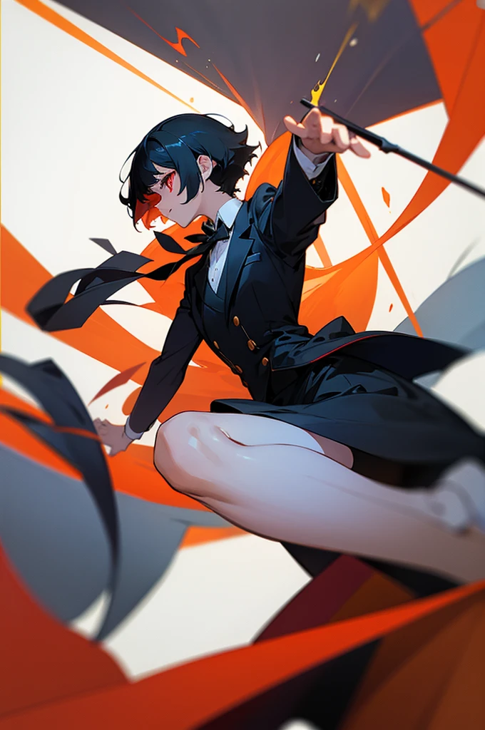 black hair, red eyes, girl, black tailcoat, tuxedo, short cut, shadow