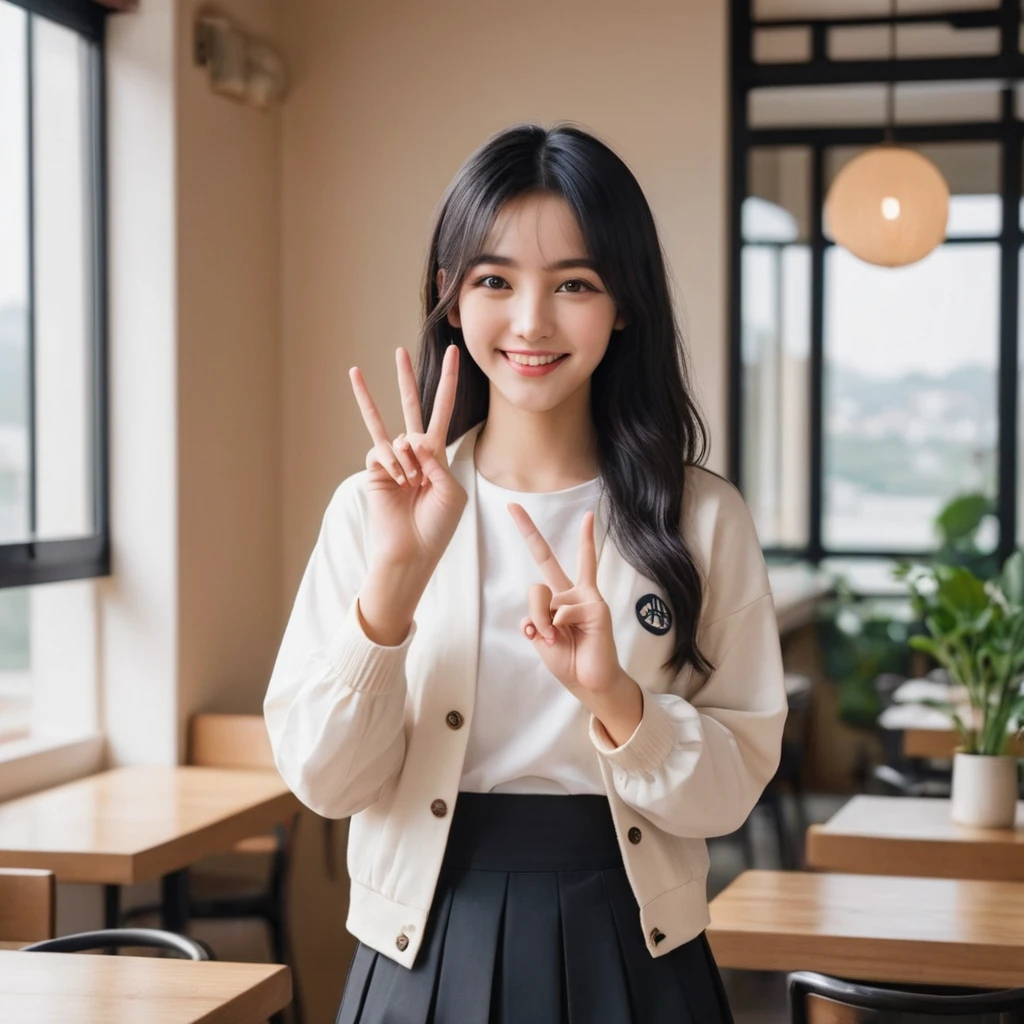 A confident smile, Home kitchen with large windows,短いBlack Hair, Brown eyes,Brown Skin,Two studentaking a gesture commonly associated with the peace sign while speaking (Tele from the restaurant), skirt, Black Hair, indoor, meal, shirt, ((((Complete faithful finger))))