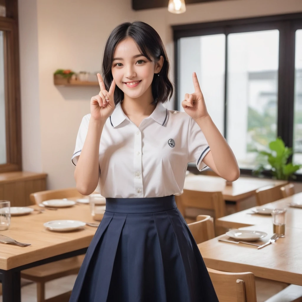 A confident smile, Home kitchen with large windows,短いBlack Hair, Brown eyes,Brown Skin,Two studentaking a gesture commonly associated with the peace sign while speaking (Tele from the restaurant), skirt, Black Hair, indoor, meal, shirt, ((((Complete faithful finger))))
